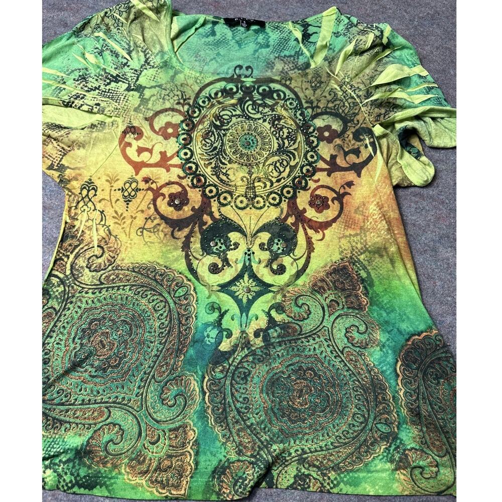 Vintage Y2K B.L.E.U. Bedazzled Boho Women’s Size S Green Floral Top Pleated